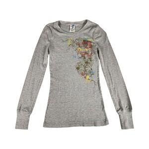 Roxy Womens Heather Grey Waffle Knit Graphic Thermal Long Sleeve Top Medium